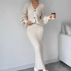 Women's Solid Color Casual Long-Sleeve <b>Cardigan</b> <b>Sweater</b> and Skirt Fall/Winter 2-Piece Set Fashion - Product Image 1