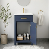 20 pouces. Meuble-lavabo de salle de bain moderne bleu avec un seul lavabo en céramique blanche