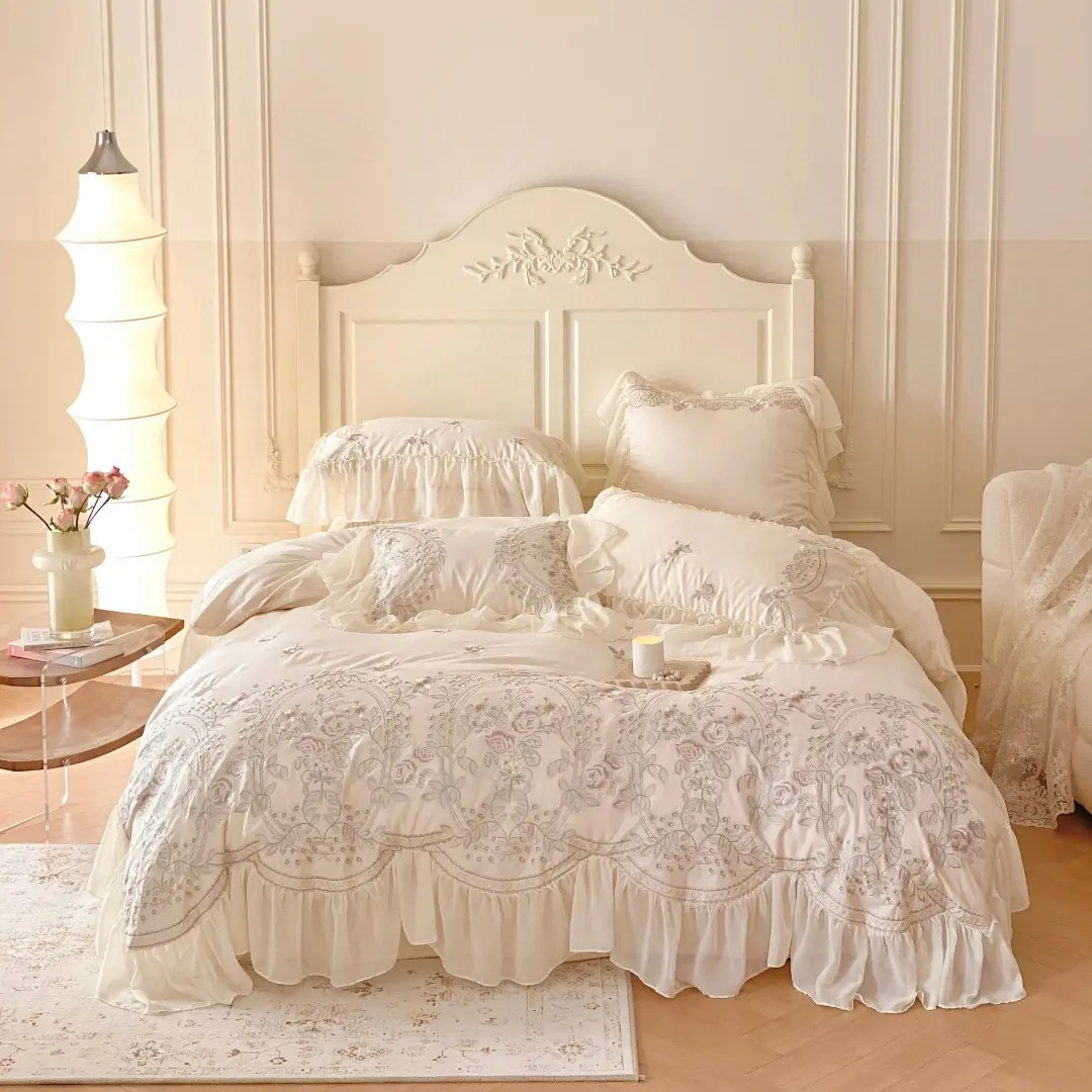 % 100% pamuk beyaz rüya prenses nevresim yumuşak pembe nakış çarşaf ev tekstil yatak seti
