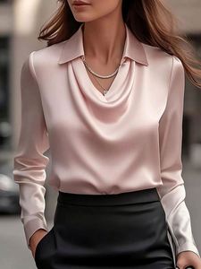 Chemisier élégant pour femme en satin vintage drapé, anti-plis, coupe ajustée, uni, à manches longues, décontracté, avec fente, Printemps 100% - Product Image 3