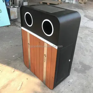 New Design Outdoor Metal Trash Can Double Dust Bin Wooden Garbage Can Outdoor Waste Containers With 2 Compartments