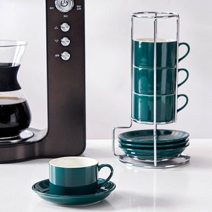 Juego de 4 Tazas de Café de Cerámica Personalizadas con Soporte Metálico, Tazas y Platillos Apilables para Espresso - Product Image 4