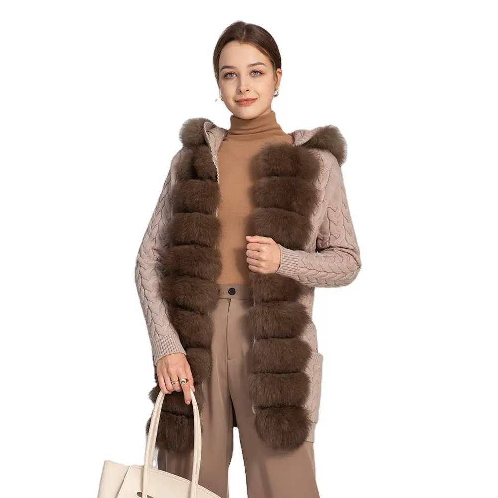 Luxury Autumn Winter Cashmere Medium Style Sweater Hood Women Cardigan with Fox Fur