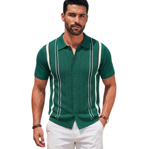 Polo en tricot rayé vert pour homme, manches courtes, décontracté, boutonné devant, respirant, en coton, coupe classique - Product Image 2