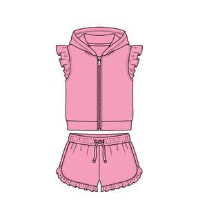 Conjunto de Ropa al por Mayor para Niñas Pequeñas, Diseño Personalizado, Sudadera con Capucha de Color Amarillo Sólido y Mangas con Volantes, Top con Cierre y Pantalones Cortos - Product Image 5