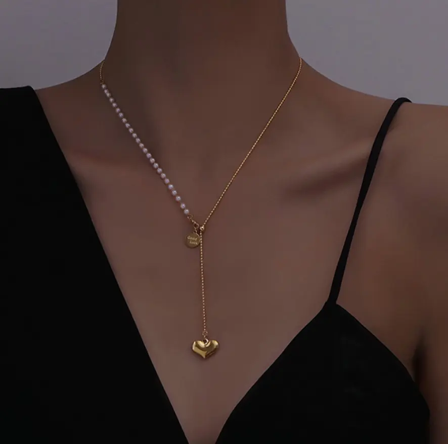 Mengjiqifei — collier en acier inoxydable en or 18K, bijoux de luxe français, collier Long avec perle en forme de cœur et de pêche