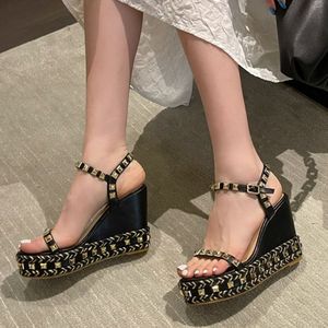 Sandalias-con-plataforma-de-color Jute Semelle Épaisse Cloutée Sexy Espadrille Sandales <span class=keywords><strong>à</strong></span> Plateforme Compensée pour Femmes - Product Image 6