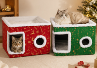Lit carré pour animaux de compagnie (chats et chiens) de Noël, style fermé, chaud pour l'hiver, amovible, lavable, double couche, type villa pour chat