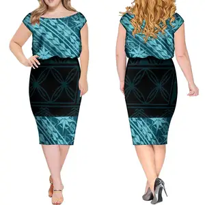 Hot Selling Custom Polynesian Dress Tonga Tribal Midi Casual Dresses Big Size Summer Short Sleeve Elastic Waist Ladies Dress