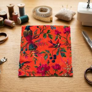 Tela de Terciopelo de Algodón Estampada a Mano: Estampado de Aves de Color Coral, Tela de Terciopelo de Algodón Estampada a Mano para Tapicería y Decoración - Product Image 1