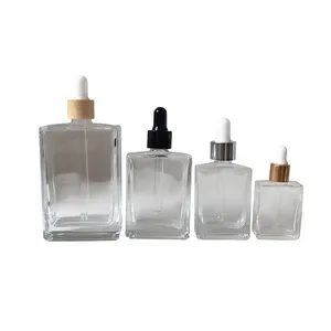 Hot Sale Wholesale Square Transparent Amber Black Glass Dropper Bottle Rectangle For Essential Oil Perfume15ml 30ml 50ml 100ml