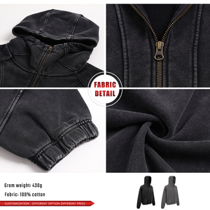 Sweat à capuche zippé en coton épais 430G, style vintage fonctionnel, fermeture éclair YKK, manteau à capuche, sweats personnalisés délavés - Product Image 6