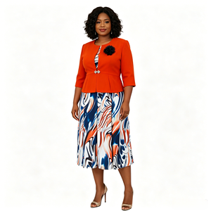 Ensemble jupe et veste élégante rose pour femmes grandes tailles avec imprimé abstrait, longueur genou, en crêpe, mode printemps - Product Image 3