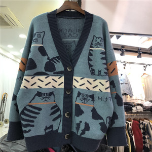 Women's Spring and Autumn Single Breasted Cartoon <strong>Cat</strong> Print Sweater Coat Loose Lazy Knit <strong>Cardigan</strong> Over Sweater - Product Image 5