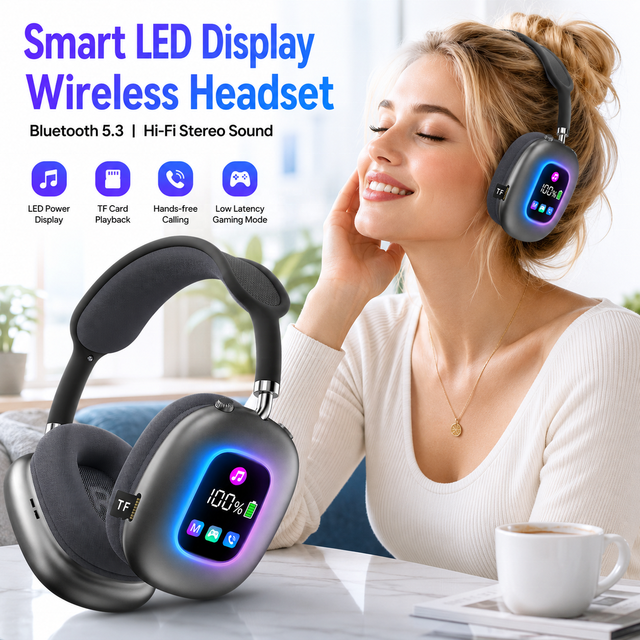 AKZ MAX600 Wireless 5.3 Headphones RGB Digital Display Over-Ear Headset with Microphone Support TF Card Reader for Mobile Phone