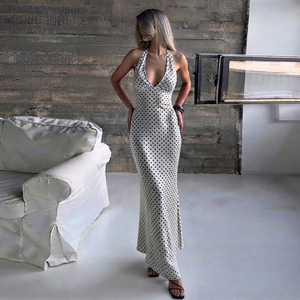 Robe longue de soirée pour femme, style français, à pois, col halter, dos nu, col en V, avec grand nœud, à lacets, coupe ajustée - Product Image 5