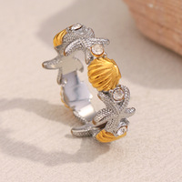 Bague personnalisée en acier inoxydable 316L plaqué or 18 carats et argent, motif étoile de mer et coquillage, sertie de zircone, pour la plage et le bord de mer