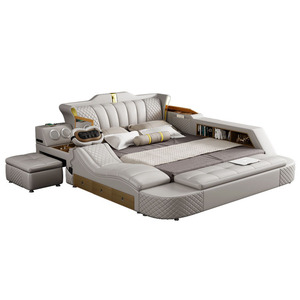 Lit intelligent moderne de luxe en cuir, taille King Size, avec ensemble de chambre à coucher multifonctionnel en bois et rembourré, lit double intelligent - Product Image 6