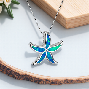 Lindo colgante de estrella de mar azul ópalo de fuego piedra estrella de mar collares para mujeres Vintage Color plata caja cadenas collar joyería de boda - Product Image 5