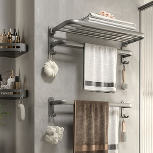 Étagère murale pour <span class=keywords><strong>serviettes</strong></span> avec 2 barres porte-<span class=keywords><strong>serviettes</strong></span> et 9 crochets, porte-<span class=keywords><strong>serviettes</strong></span> antirouille |   Rangement de salle de bain moderne - Product Image 5