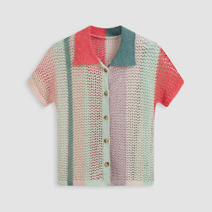 Camiseta de punto a rayas con botones y solapa, holgada, de color contrastante, de manga corta, estilo crochet, para mujer, al por mayor - Product Image 1