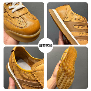 Baskets respirantes en cuir véritable pour hommes, style rétro ajouré, chaussures décontractées à talon plat, couleur unie, lacets avant, idéales pour la marche - Product Image 4