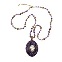 Collier en bambou avec neuf billes de cuivre violet, améthyste, cristaux tchèques et incrustations de perles d'imitation – Tendance, unique, haut de gamme