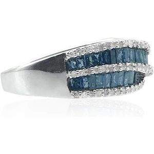 Diamond Criss <b>Cross</b> Engagement <b>Ring</b> White Round And Blue Baguette Cut Sterling <b>Silver</b> Women's Band - Product Image 3