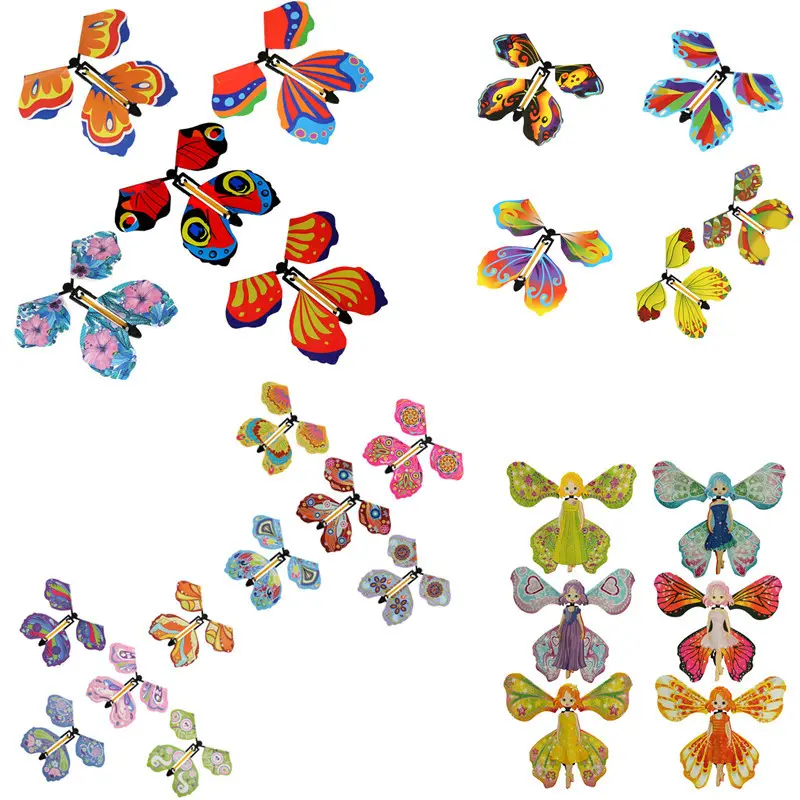 Fabricantes por atacado de borboletas voadoras de brinquedo para crianças, borboletas mágicas elásticas voadoras para brinquedos mágicos novidade