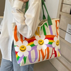 GENTLE WOMAN Fashion Rainbow Print Canvas Tote Bag Off White Green Orange Purple Letter Pocket Shoulder Bag Everyday Use - Product Image 3