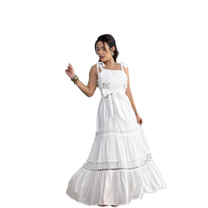 KY été dames brodé blanc longue robe parole longueur noeud papillon creux licou doux Style tricot tissu imprimé sans col - Product Image 6