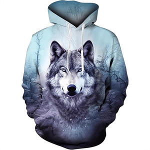 Felpa con Cappuccio da Uomo Autunno Inverno 2026, Stampa Animale Lupo, Poliestere, Vestibilità Ampia, Tasca, Stile Europeo - Product Image 3