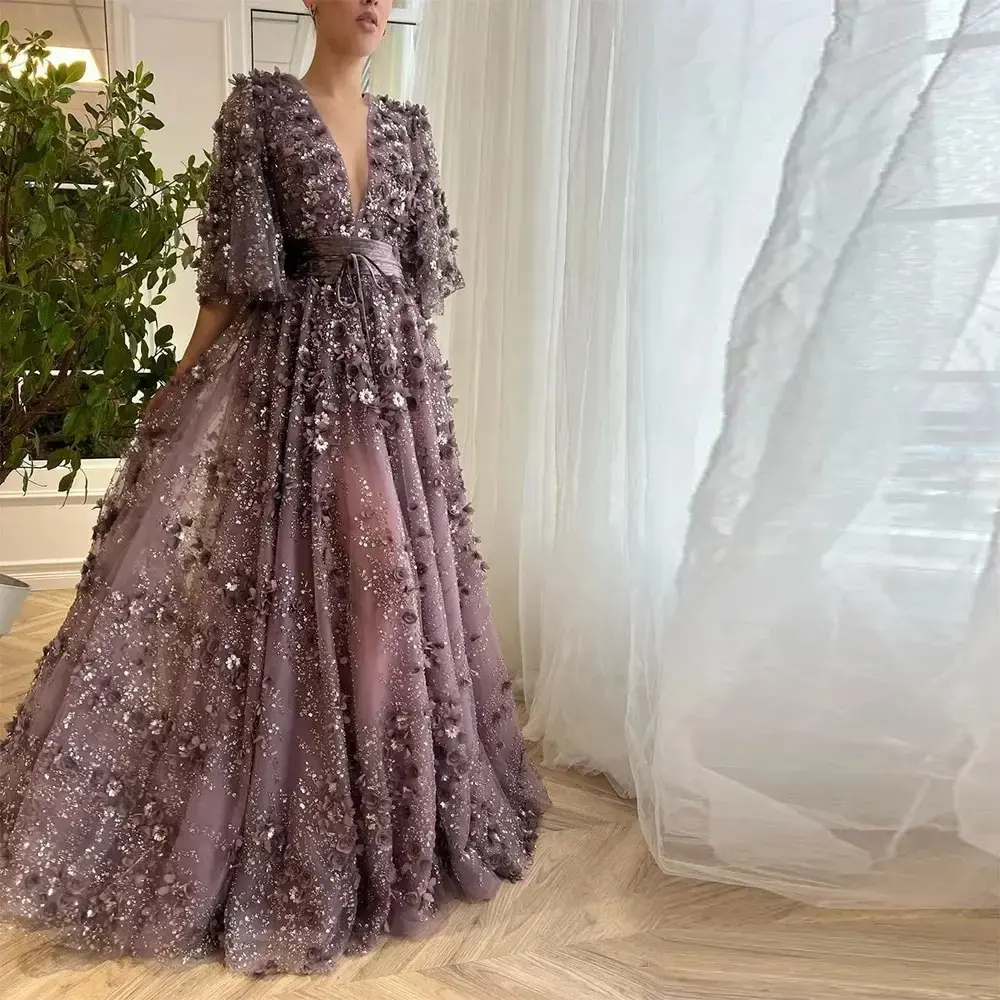 Vestido de noiva elegante de cristal com bordado de flores 3D, vestidos de baile de formatura linha A, vestido de noite para festas de casamento