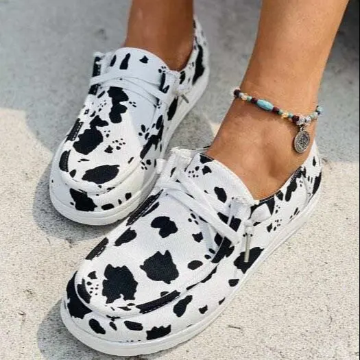 2022 nuovi arrivi scarpe di tela per donna moda punta tonda stoppino taglio basso spot casual tacco piatto scarpe da donna con motivo a mucca leopardo