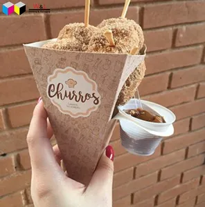 personalized food grade customized logo size cone paper churros packaging gourmet box with dip sauce cup