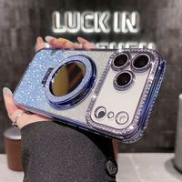 Coque de téléphone de luxe en TPU électroplaqué magnétique avec paillettes et diamants pour iPhone 18 17 16 15 Pro Max avec anneau miroir et béquille