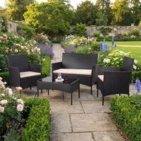 Ensemble de conversation de patio moderne en rotin tressé et fer, style américain, 4 pièces, avec banc rembourré imperméable, personnalisable pour l'extérieur
