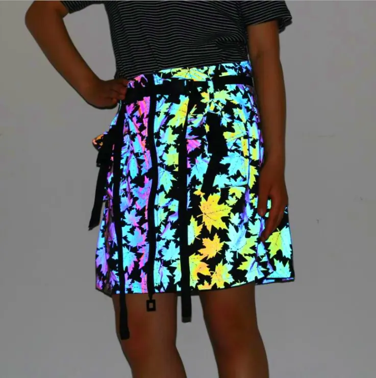 high light visibility washable 7 rainbow color fashion printing maple leaf reflective a-line skirt for concert dance clothes