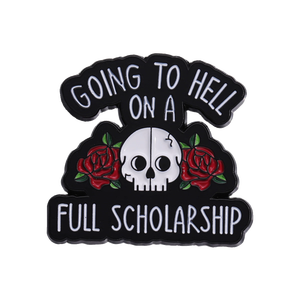 Impresión tipográfica personalizada Going Hell Full Scholarship Hell Broche de metal con diseño de esqueleto y rosa, distintivo de metal con diseño de autodepreciación, embalaje para libros - Product Image 5