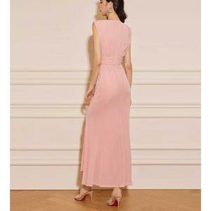 Women Solid Woven <strong>Sequined</strong> Plain Dyed Natural Waist Long <strong>Bodycon</strong> Maxi <strong>Dress</strong> with Drawstring Shoulder Pad V-Neck Party Club - Product Image 3