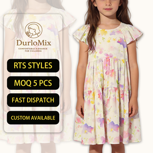 Robe d'été décontractée en coton pour filles, motif floral aquarelle, manches volantées, col rond, à volants superposés, style boutique, prête à expédier (RTS), ODM - Product Image 1