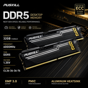 PUSKILL DDR5 32GB 6000MHz ECC หน่วยความจำเดสก์ท็อปพร้อมฮีทซิงค์อะลูมิเนียมเพื่อการทำงานที่เสถียร - Product Image 1