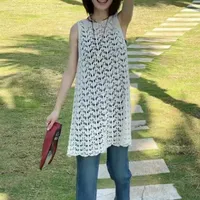 Robe en tricot sans manches avec détails en dentelle, longueur mi-longue, style bureau, disponible en blanc, tailles de la S à la 2XL, vente en gros