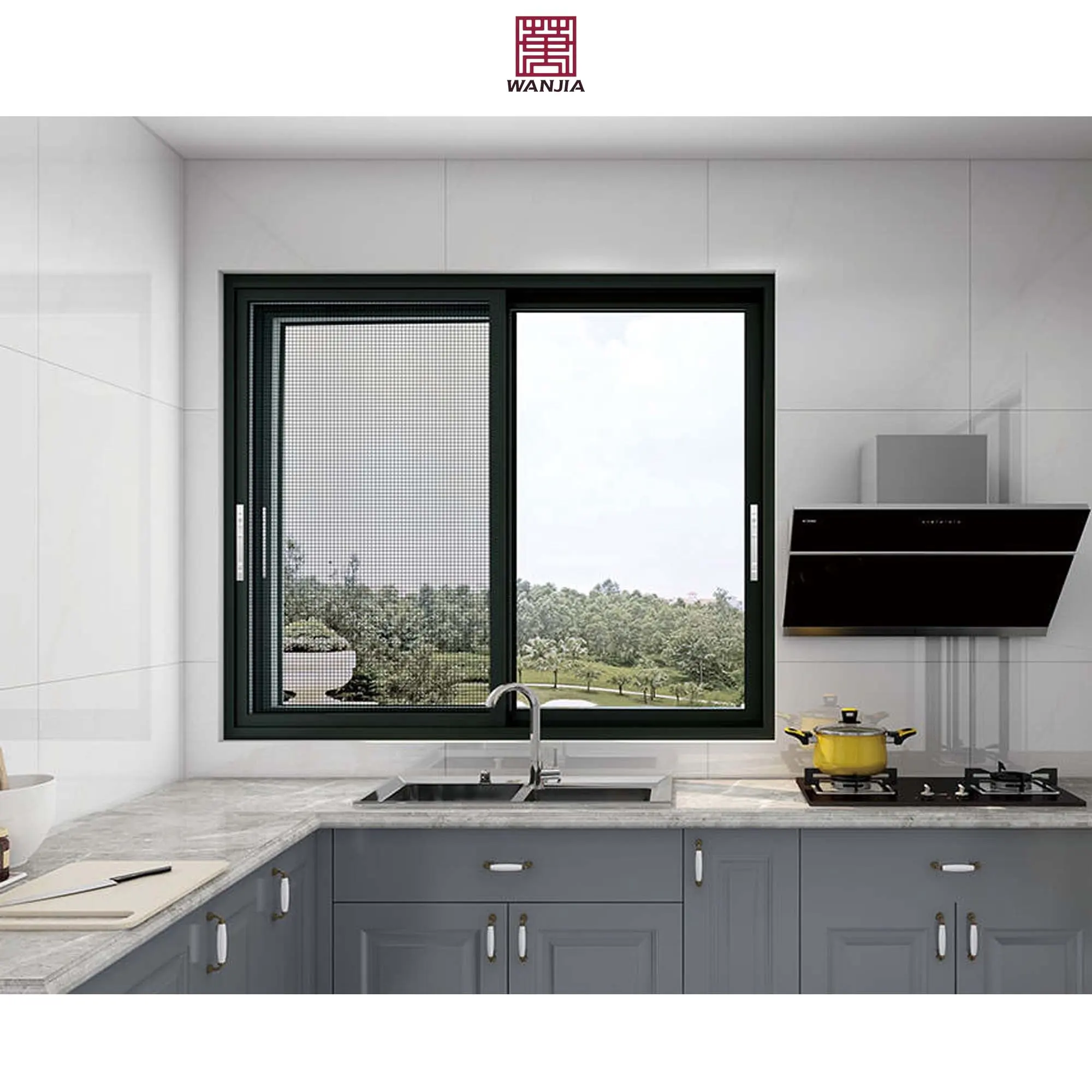 Modern minimalist design apartment interior thermal break 3 tracks sliding aluminum window screen glass sliding windows