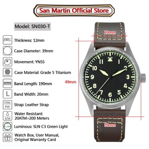 Montre automatique mécanique pour homme San Martin SN030-T Pilot Titanium Vintage, bracelet en cuir, étanche, lumineuse - Product Image 2