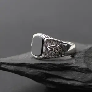 Antique Agate Gemstone Rings Turkish Jewelry Natural Stone Black Sterling 925 Silver Men Ring