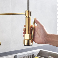 Robinet de cuisine mural de luxe moderne doré à poignée unique avec double bec et pulvérisateur latéral pivotant à 360° – Direct Usine