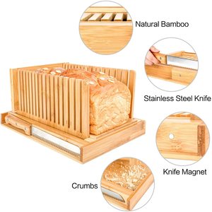 Tabla de Cortar Pan de Bambú Ajustable de Alta Calidad con Cuchillo y Bandeja para Migas, Fabricada en China - Product Image 4