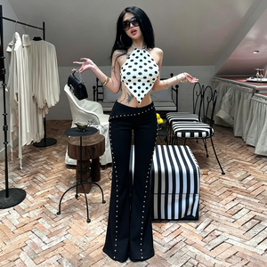 Slant Waistband Rivet Webbing Straight Trousers Patchwork Detail Street Fashion Hot Girl Elegant Flattering Unique Long <b>Pants</b> - Product Image 3