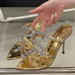 Sandalias de tacón alto y fino para mujer, con diamantes de imitación, correa de serpiente, zapatos de verano, mules de tacón de aguja con punta puntiaguda y pedrería completa. - Product Image 6